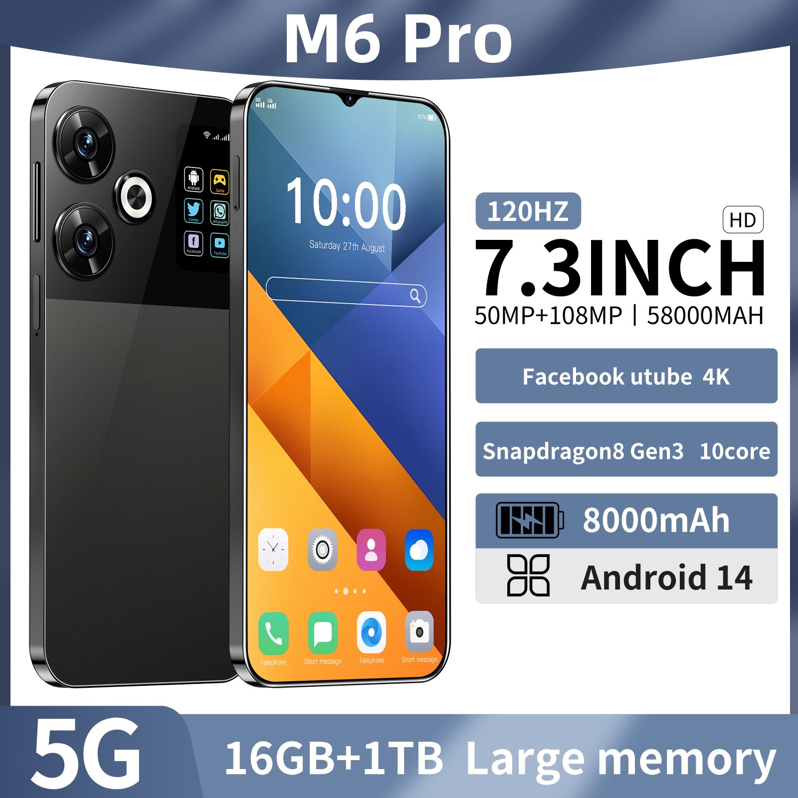 Wholesale Powerhouse 5G M6 Android Phones with Dual SIM 16GB RAM 1TB Storage and Advanced Face & Fingerprint Security